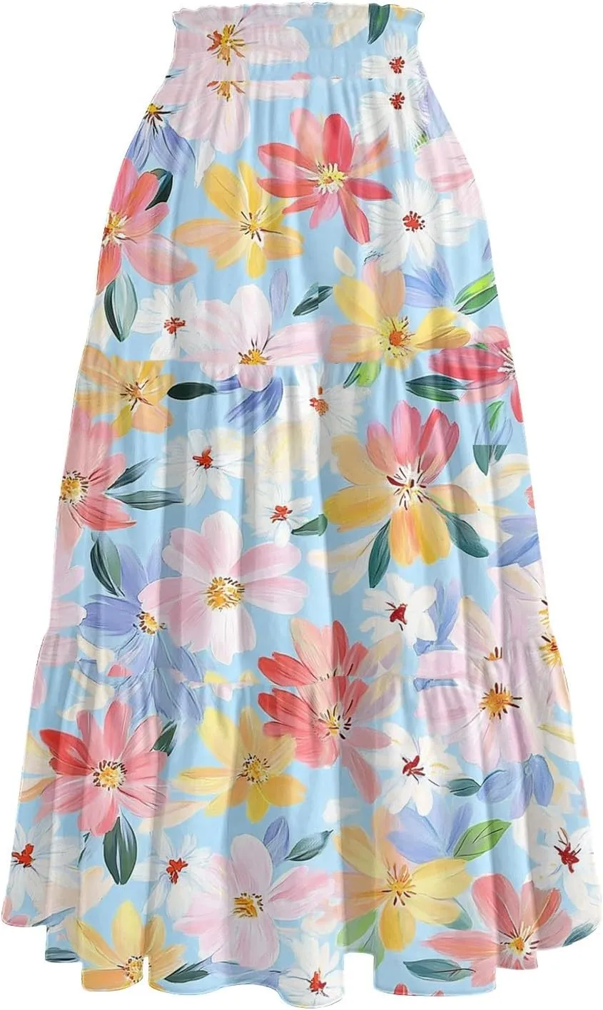 Midi Summer Skirts for Women Drawstring High Waist Knee Length Skirts A Line Floral Print Work Skirt with Pockets