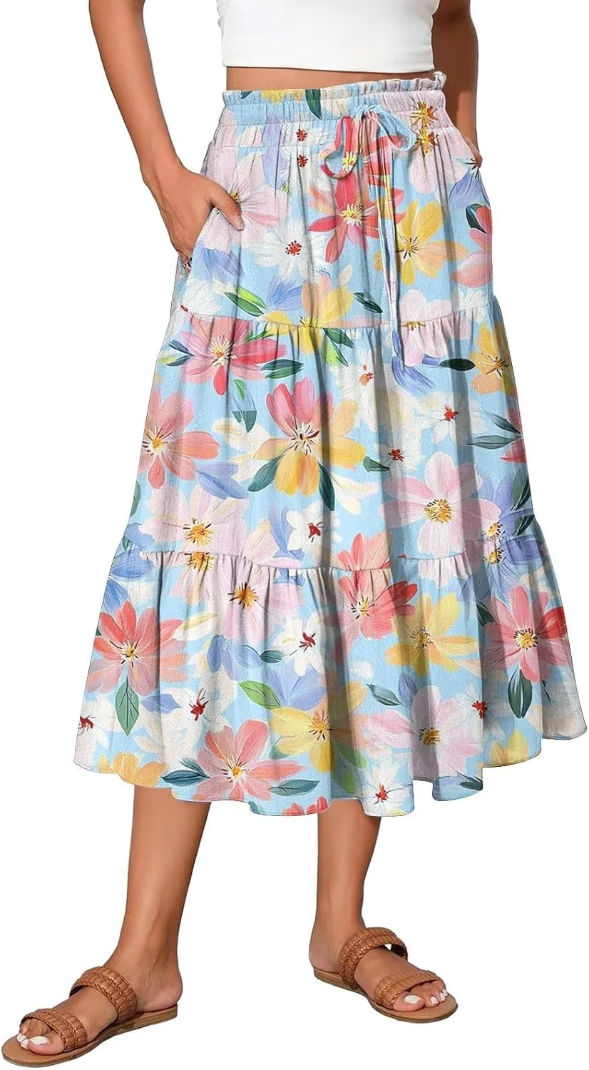 Midi Summer Skirts for Women Drawstring High Waist Knee Length Skirts A Line Floral Print Work Skirt with Pockets