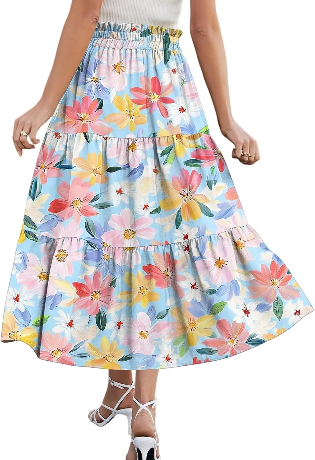 Midi Summer Skirts for Women Drawstring High Waist Knee Length Skirts A Line Floral Print Work Skirt with Pockets
