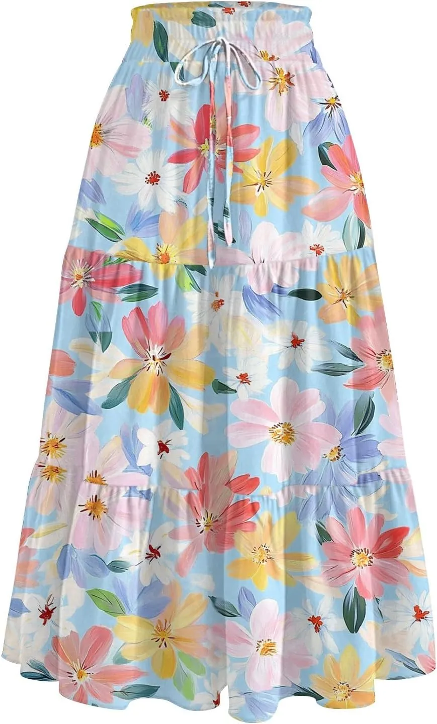 Midi Summer Skirts for Women Drawstring High Waist Knee Length Skirts A Line Floral Print Work Skirt with Pockets