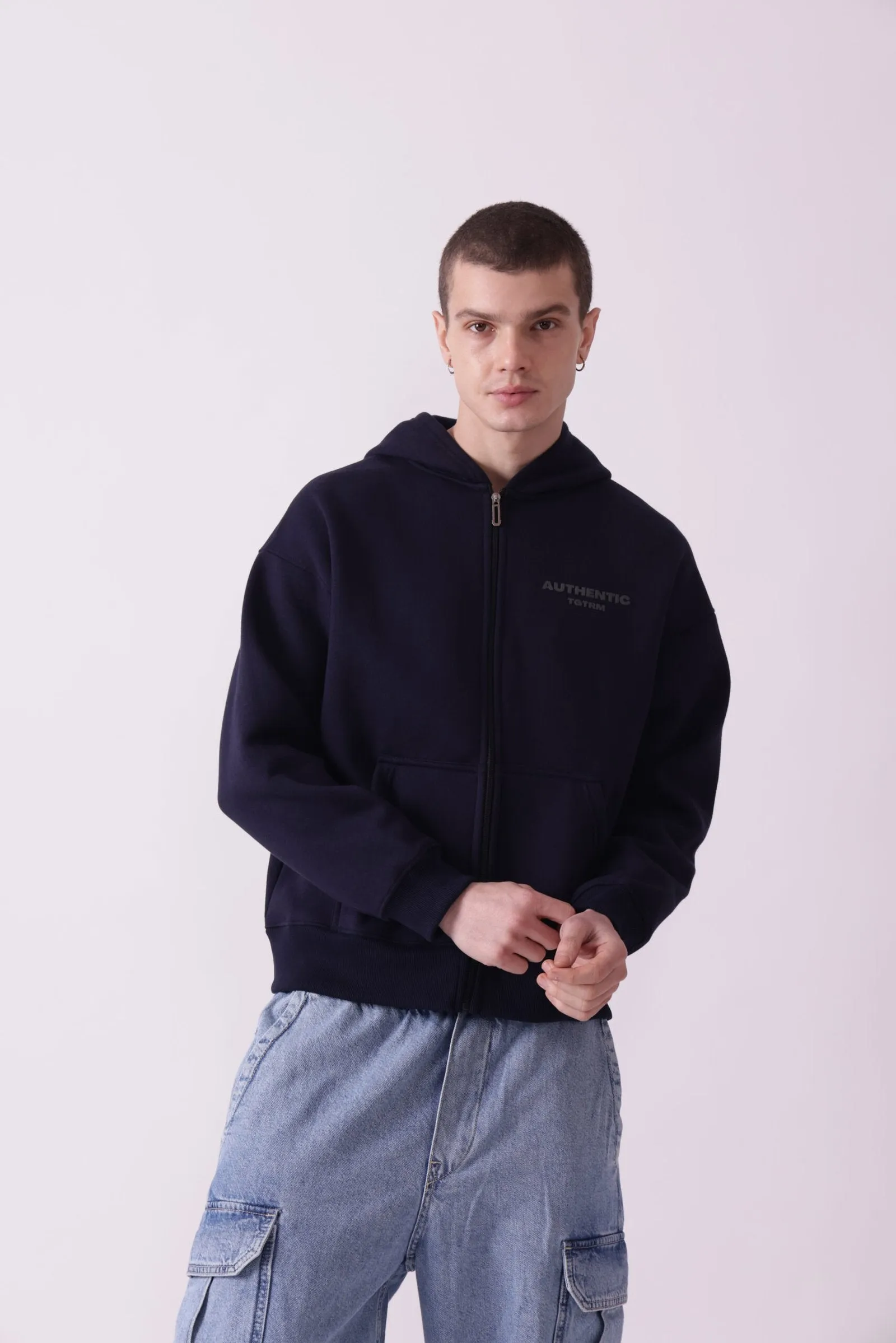 Navy Blue Oversized Zipper Hoodie for Men