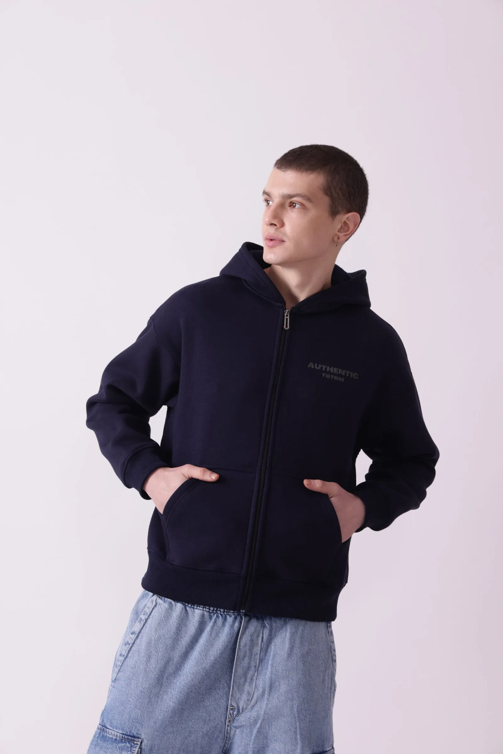 Navy Blue Oversized Zipper Hoodie for Men