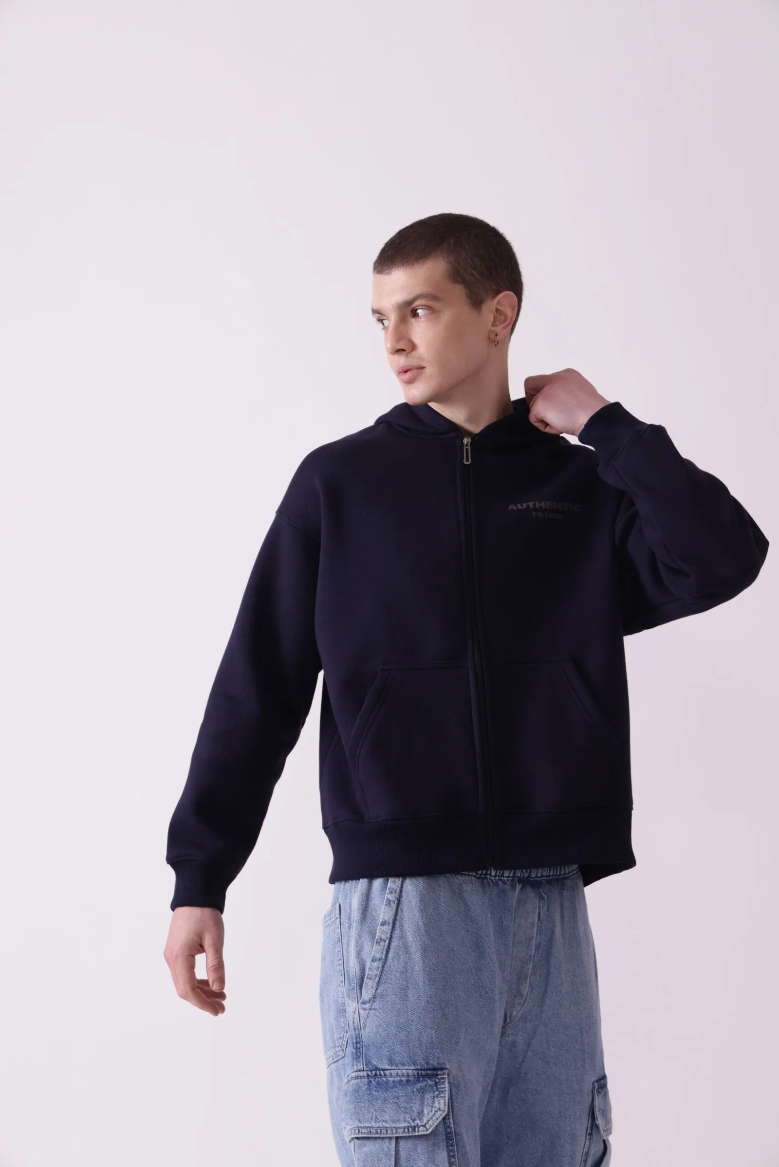 Navy Blue Oversized Zipper Hoodie for Men
