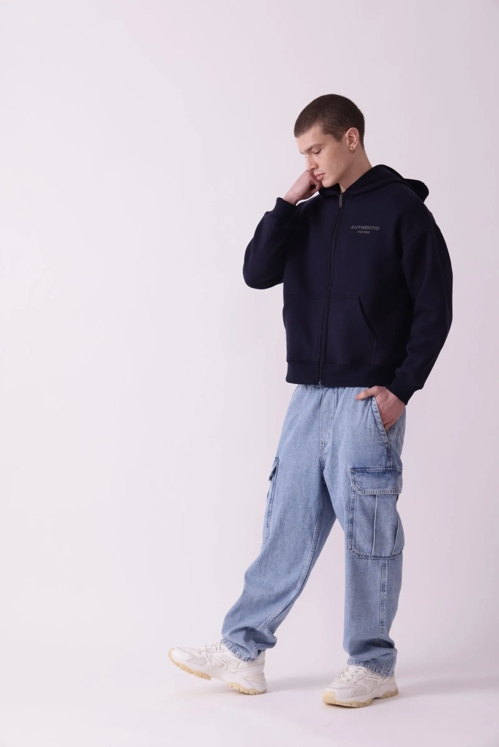 Navy Blue Oversized Zipper Hoodie for Men