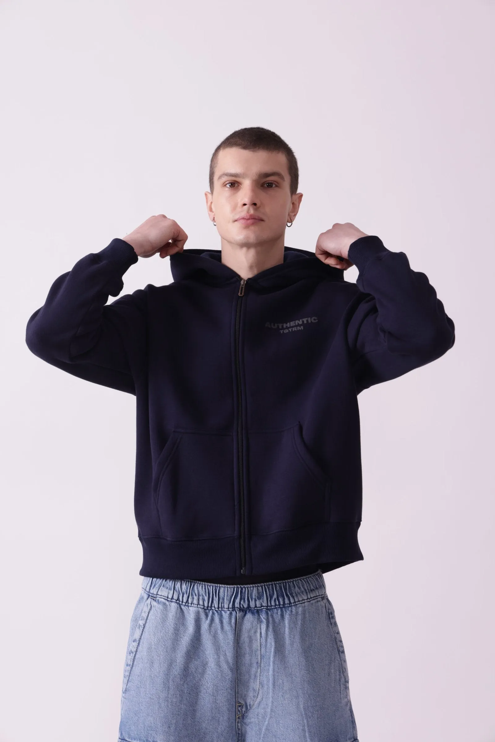 Navy Blue Oversized Zipper Hoodie for Men