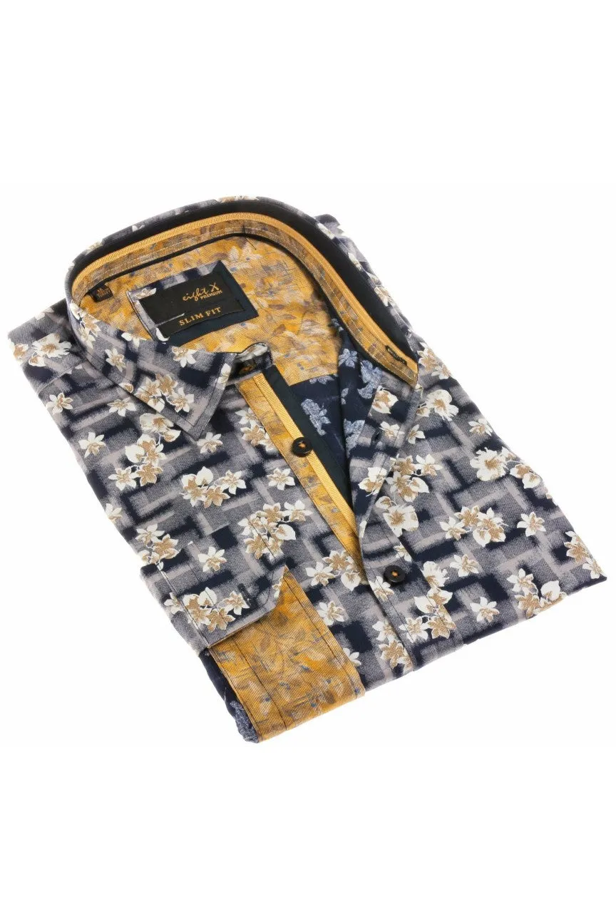 Navy Floral Print Button Down Shirt W/ Trim