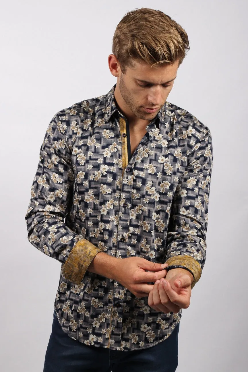 Navy Floral Print Button Down Shirt W/ Trim