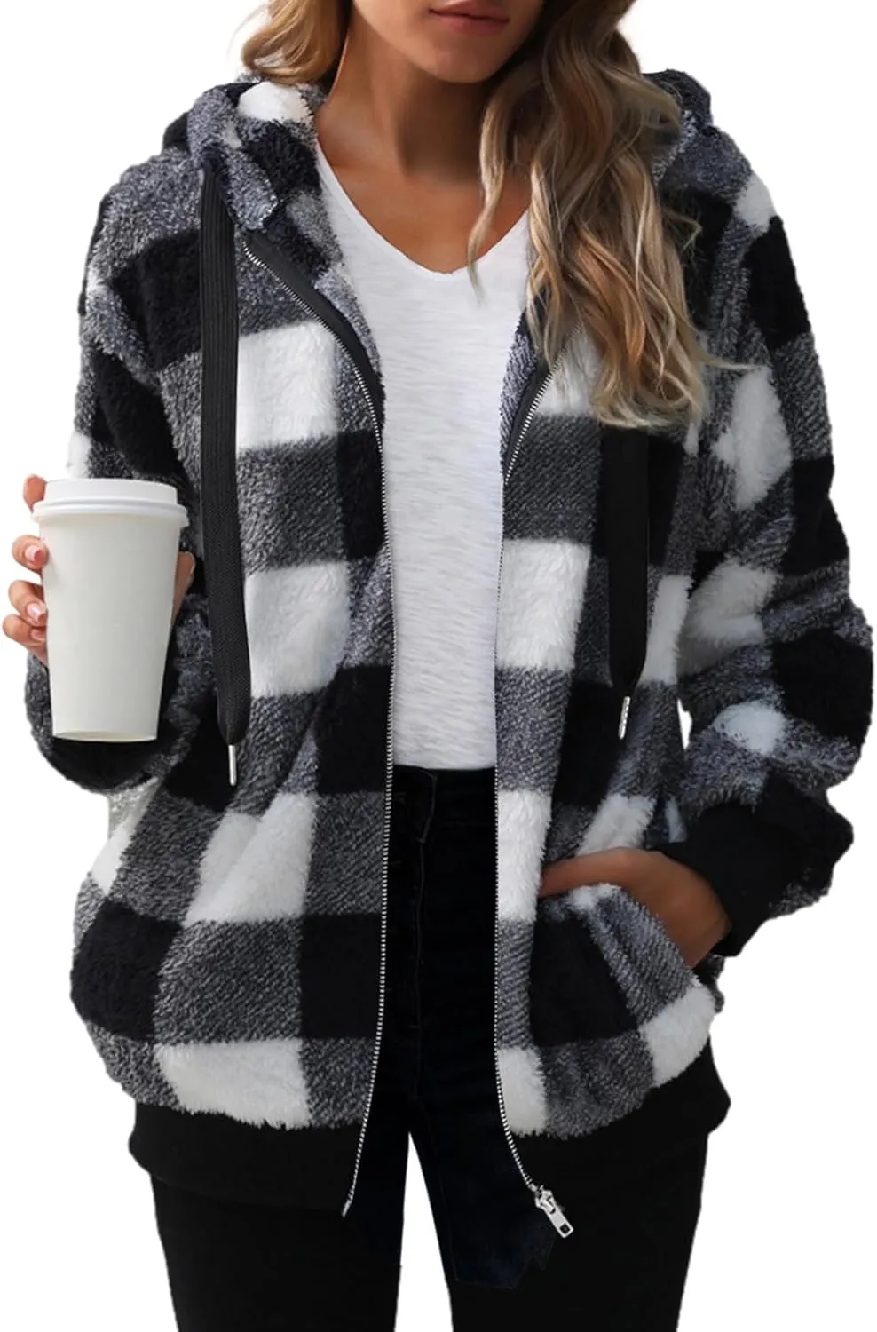 Nirovien Womens Sherpa Jacket Fuzzy Zip Up Hoodie Oversized Fleece Jackets Fluffy Coat with Pockets