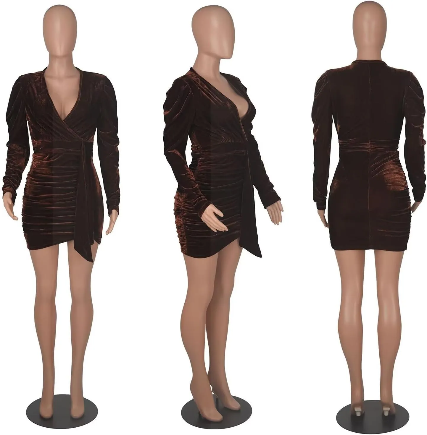 OLUOLIN Womens Deep V Neck Sexy Off Shoulder Velvet Bodycon Ruched Bodycon Mini Club Dress