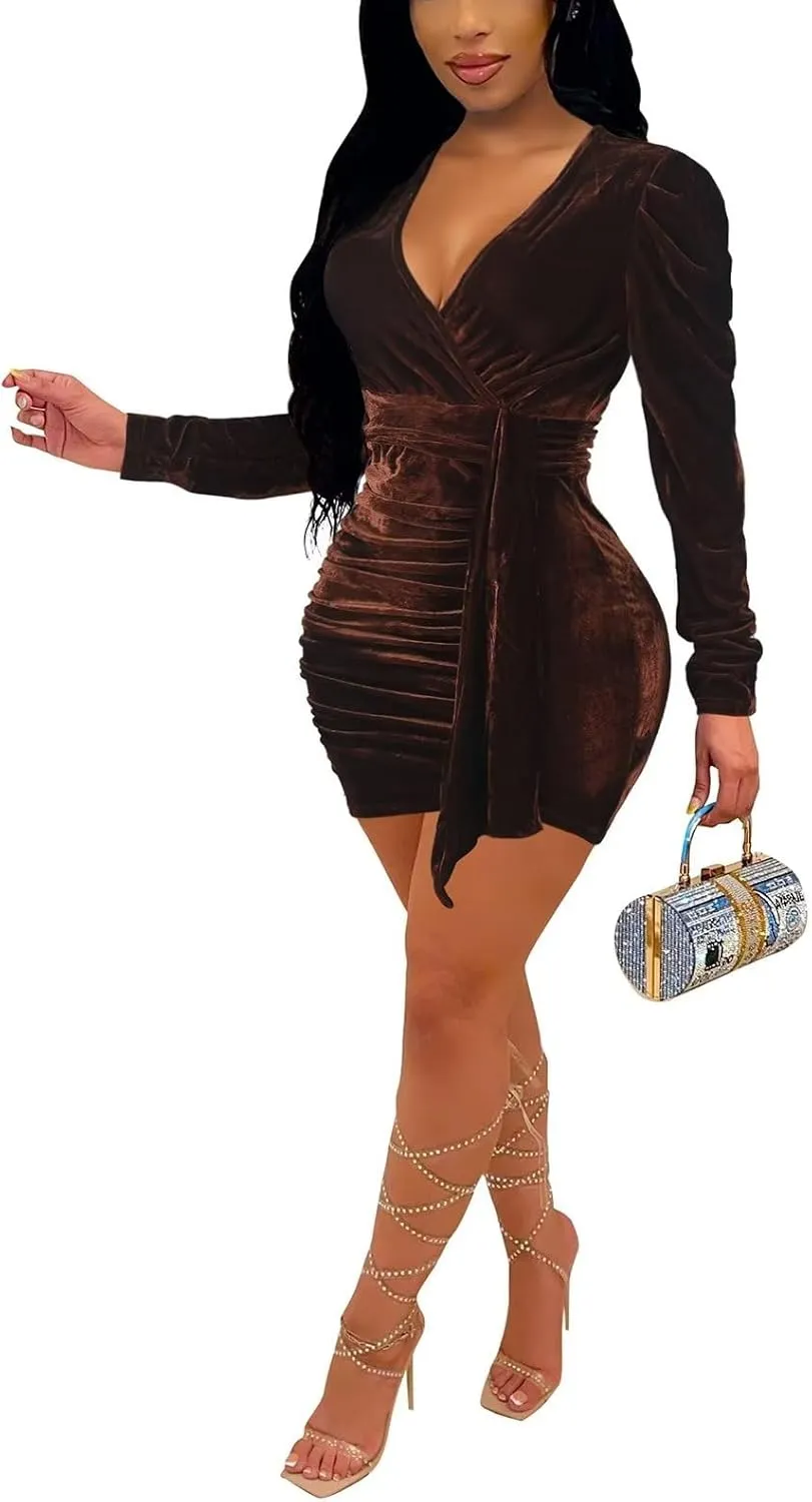 OLUOLIN Womens Deep V Neck Sexy Off Shoulder Velvet Bodycon Ruched Bodycon Mini Club Dress