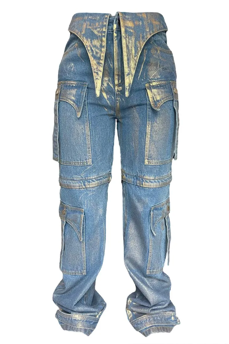 PI683 Contrast High-Waisted Denim Pants