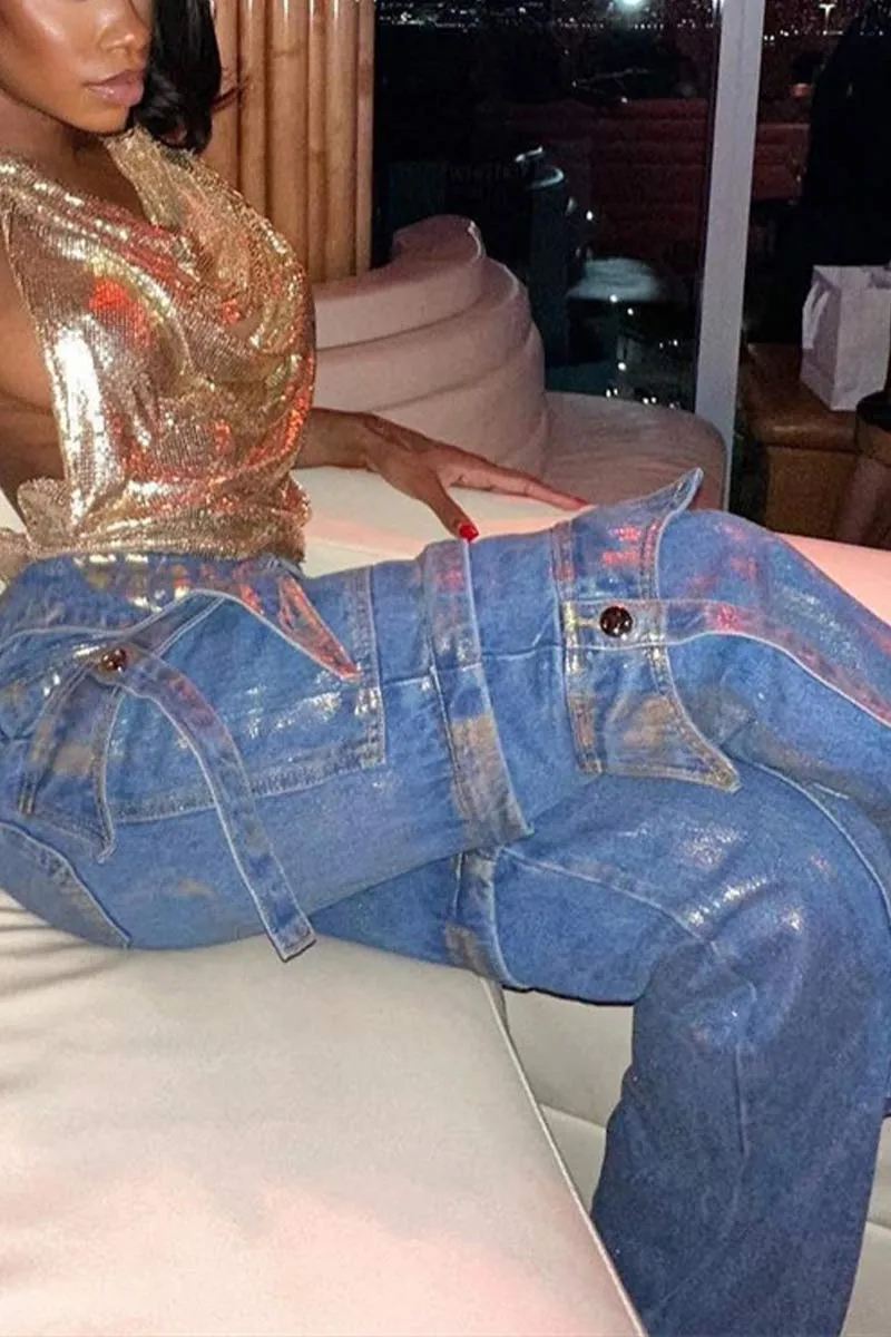 PI683 Contrast High-Waisted Denim Pants