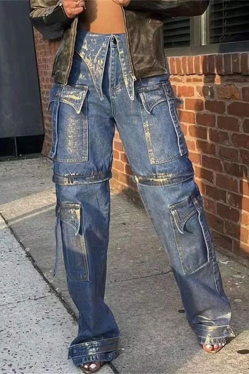 PI683 Contrast High-Waisted Denim Pants
