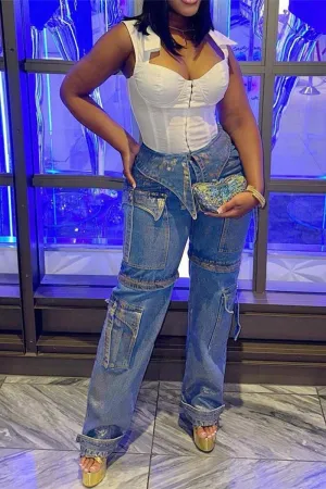 PI683 Contrast High-Waisted Denim Pants