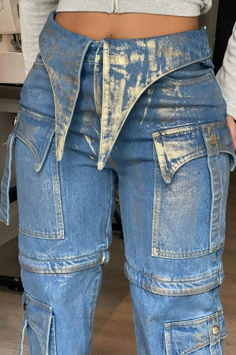 PI683 Contrast High-Waisted Denim Pants