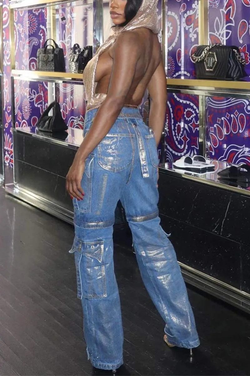 PI683 Contrast High-Waisted Denim Pants