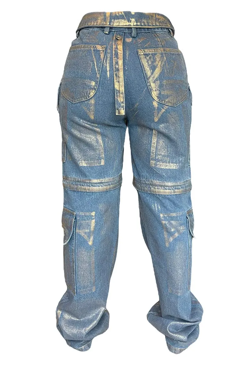 PI683 Contrast High-Waisted Denim Pants