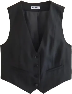 Pofihavi Cropped Suit Vest for Women 2024 Button Up Business Casual Dressy Waistcoat Vest Tops