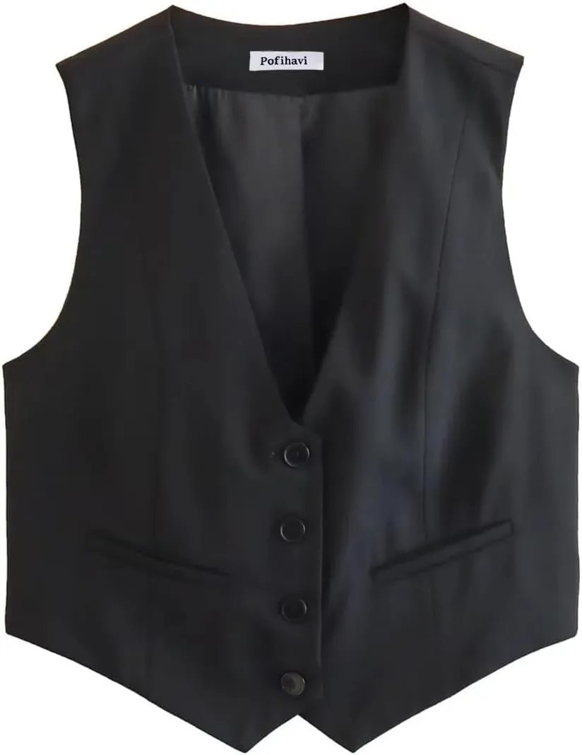 Pofihavi Cropped Suit Vest for Women 2024 Button Up Business Casual Dressy Waistcoat Vest Tops