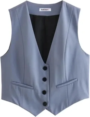 Pofihavi Cropped Suit Vest for Women 2024 Button Up Business Casual Dressy Waistcoat Vest Tops