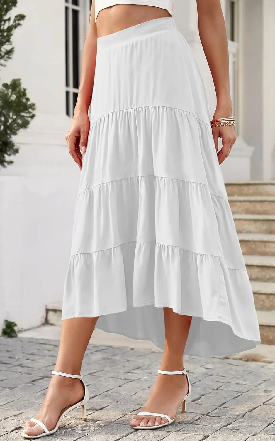 PRETTYGARDEN Women's Ditzy Floral Print Midi Skirt Boho Elastic High Waist Long Skirts for Women Trendy High Low Hem