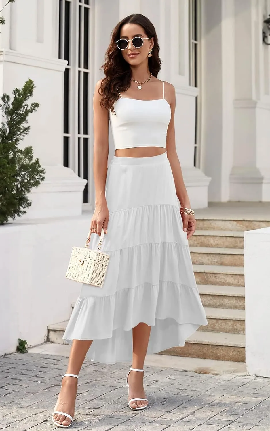 PRETTYGARDEN Women's Ditzy Floral Print Midi Skirt Boho Elastic High Waist Long Skirts for Women Trendy High Low Hem