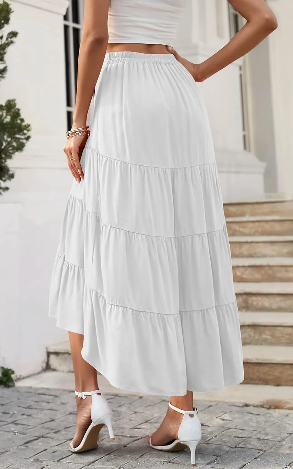 PRETTYGARDEN Women's Ditzy Floral Print Midi Skirt Boho Elastic High Waist Long Skirts for Women Trendy High Low Hem