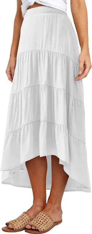 PRETTYGARDEN Women's Ditzy Floral Print Midi Skirt Boho Elastic High Waist Long Skirts for Women Trendy High Low Hem