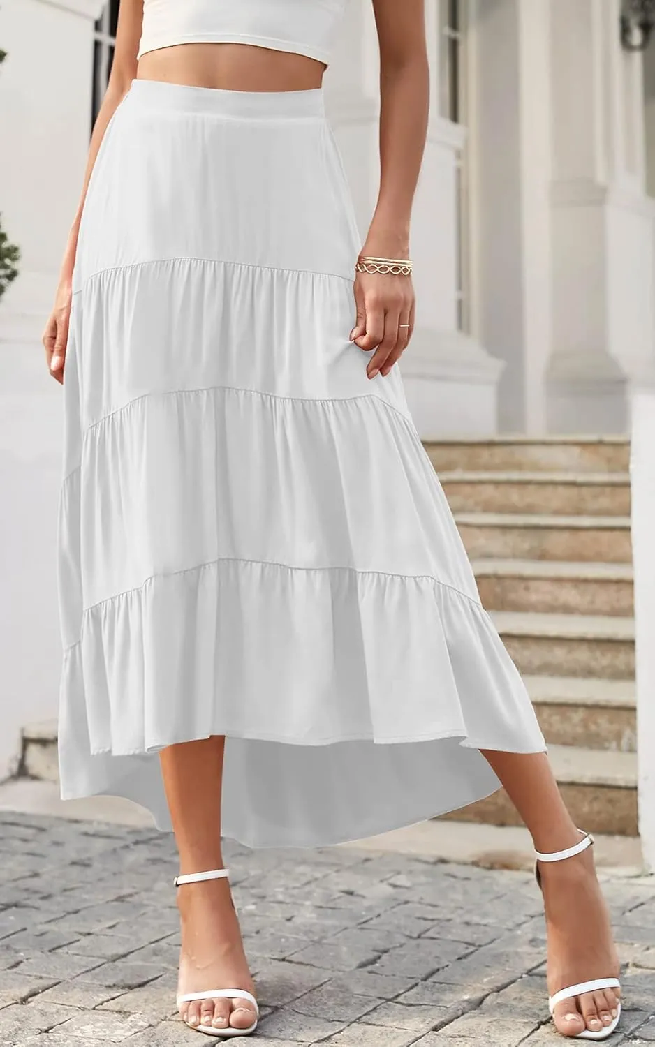 PRETTYGARDEN Women's Ditzy Floral Print Midi Skirt Boho Elastic High Waist Long Skirts for Women Trendy High Low Hem