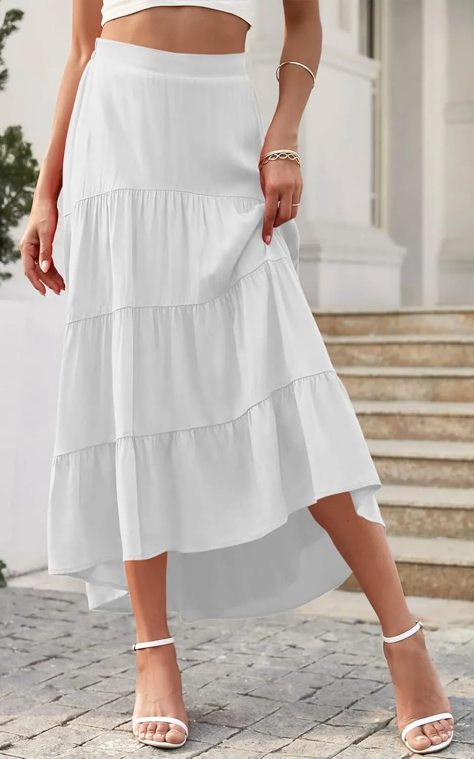 PRETTYGARDEN Women's Ditzy Floral Print Midi Skirt Boho Elastic High Waist Long Skirts for Women Trendy High Low Hem