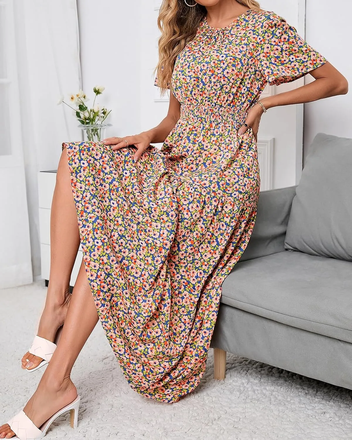 PRETTYGARDEN Women's Summer Casual Short Flutter Sleeve Round Neck Smocked Waist Tiered Boho Floral Flowy Maxi Dress