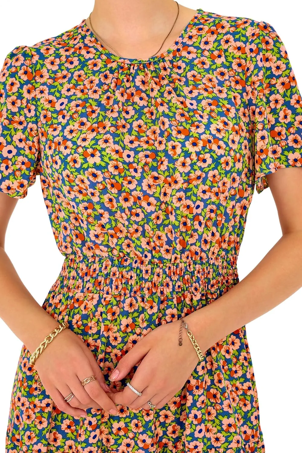 PRETTYGARDEN Women's Summer Casual Short Flutter Sleeve Round Neck Smocked Waist Tiered Boho Floral Flowy Maxi Dress