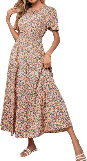 PRETTYGARDEN Women's Summer Casual Short Flutter Sleeve Round Neck Smocked Waist Tiered Boho Floral Flowy Maxi Dress