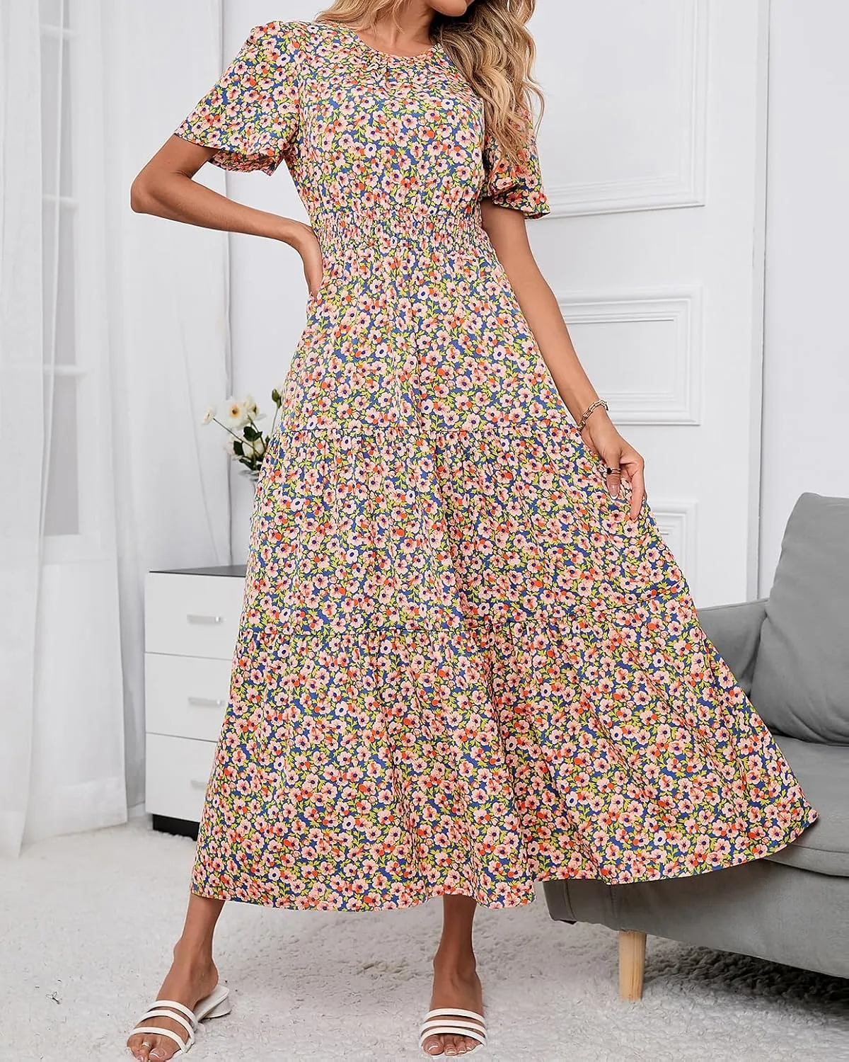 PRETTYGARDEN Women's Summer Casual Short Flutter Sleeve Round Neck Smocked Waist Tiered Boho Floral Flowy Maxi Dress