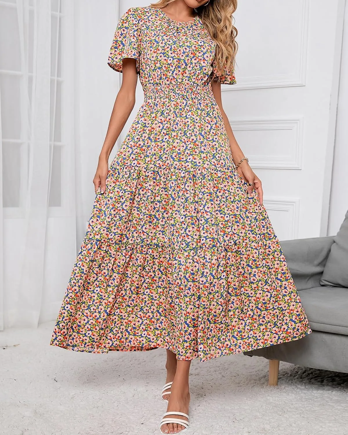 PRETTYGARDEN Women's Summer Casual Short Flutter Sleeve Round Neck Smocked Waist Tiered Boho Floral Flowy Maxi Dress