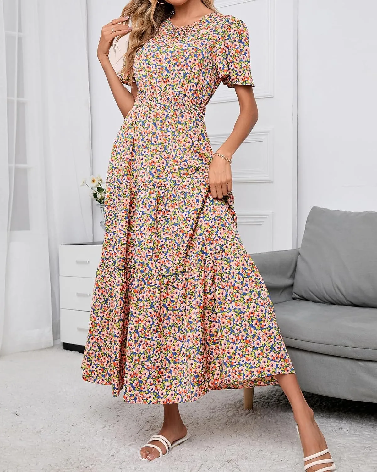 PRETTYGARDEN Women's Summer Casual Short Flutter Sleeve Round Neck Smocked Waist Tiered Boho Floral Flowy Maxi Dress