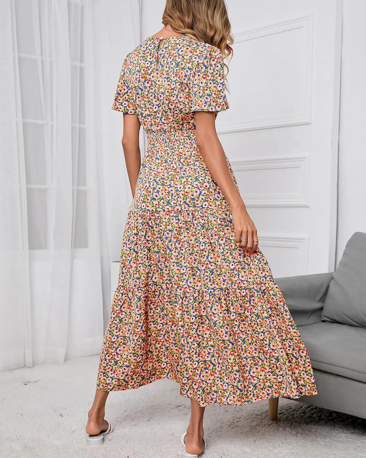 PRETTYGARDEN Women's Summer Casual Short Flutter Sleeve Round Neck Smocked Waist Tiered Boho Floral Flowy Maxi Dress