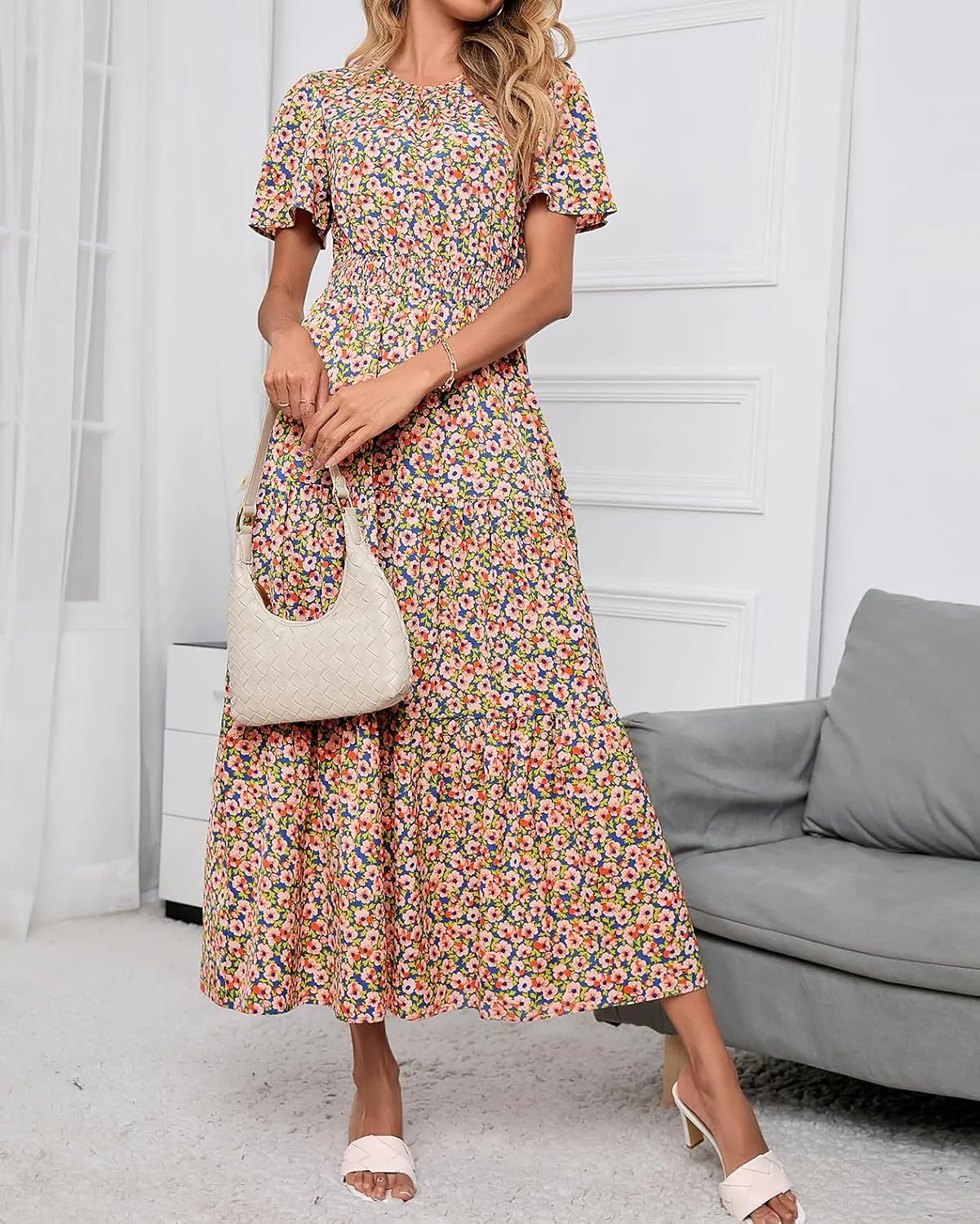 PRETTYGARDEN Women's Summer Casual Short Flutter Sleeve Round Neck Smocked Waist Tiered Boho Floral Flowy Maxi Dress