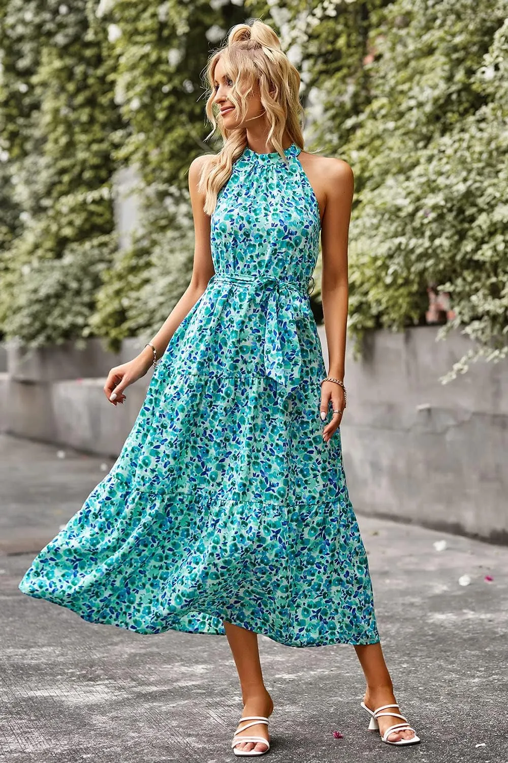 PRETTYGARDEN Women's Summer Floral Maxi Sun Dress Sleeveless Halter Neck Flowy Ruffle Hem Long Boho Dresses with Belt