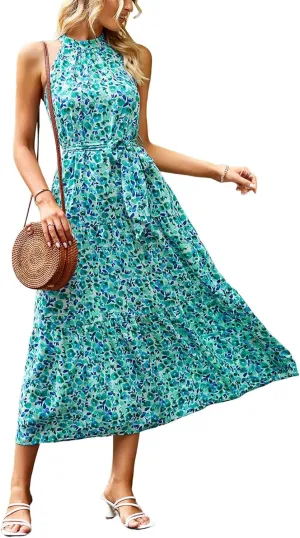 PRETTYGARDEN Women's Summer Floral Maxi Sun Dress Sleeveless Halter Neck Flowy Ruffle Hem Long Boho Dresses with Belt
