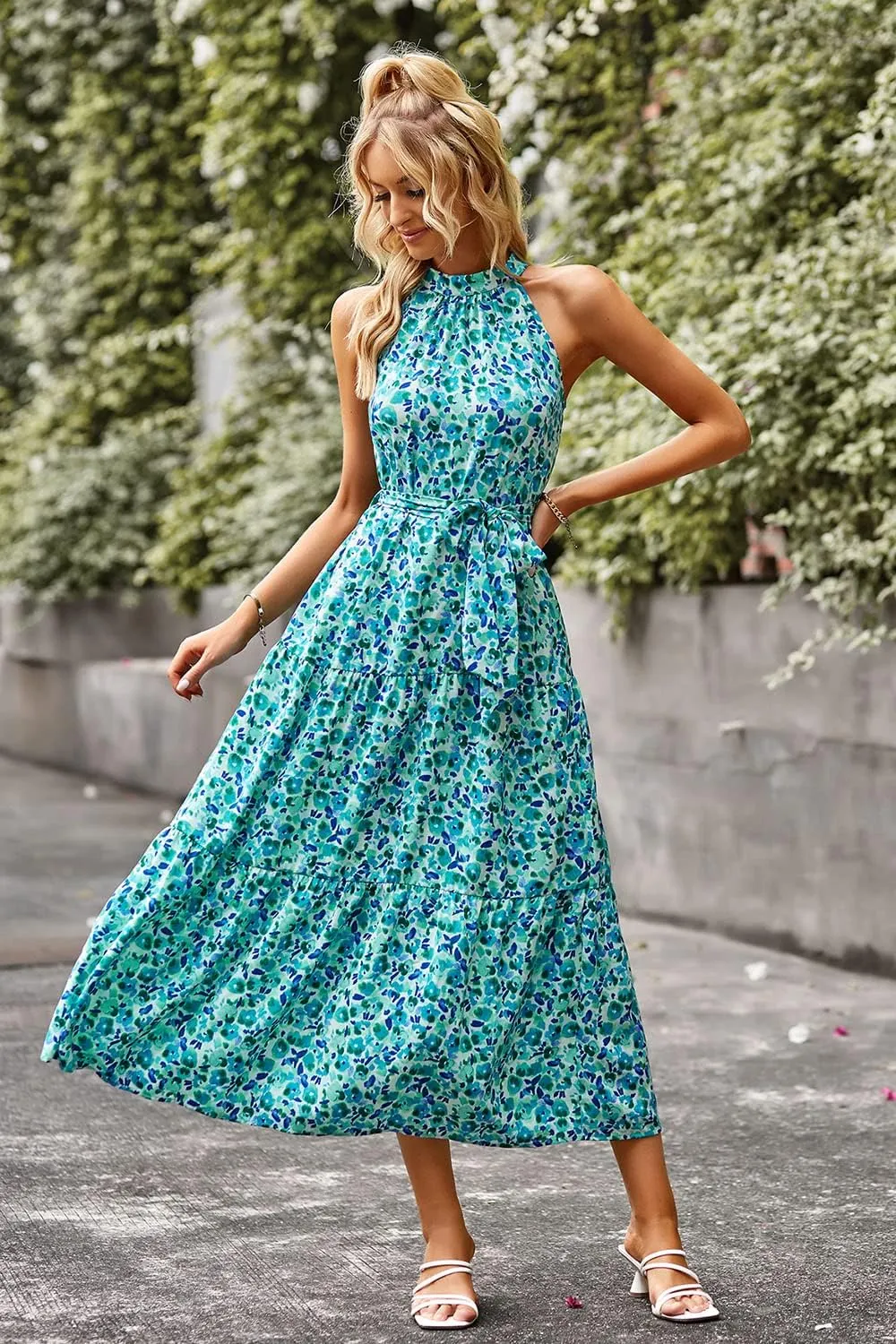 PRETTYGARDEN Women's Summer Floral Maxi Sun Dress Sleeveless Halter Neck Flowy Ruffle Hem Long Boho Dresses with Belt