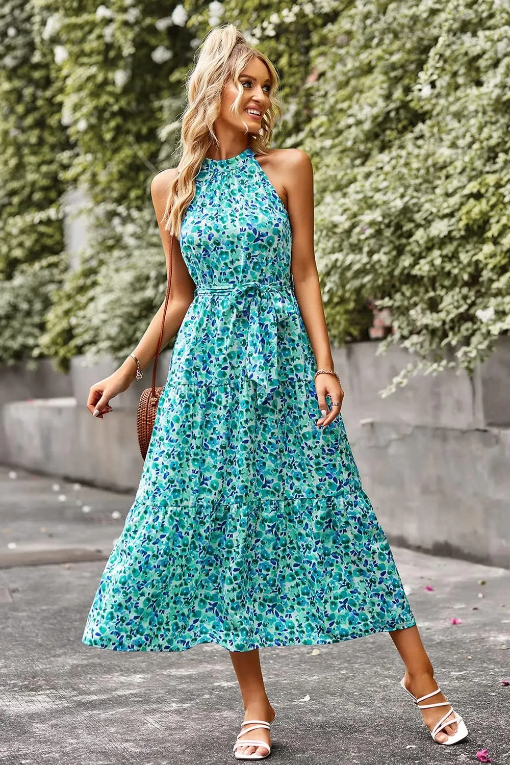 PRETTYGARDEN Women's Summer Floral Maxi Sun Dress Sleeveless Halter Neck Flowy Ruffle Hem Long Boho Dresses with Belt