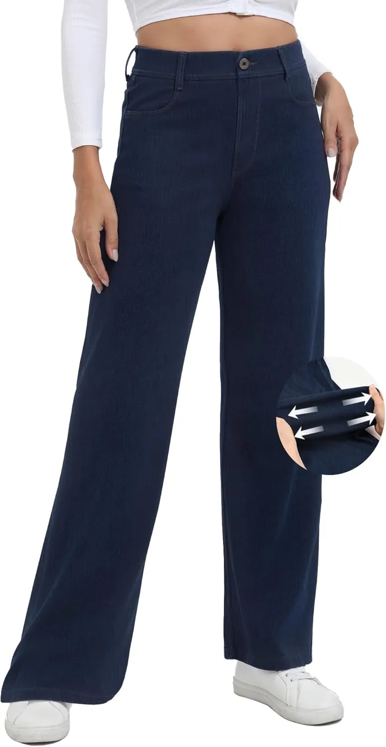 Pull On Jeans for Women Wide Leg High Waisted Stretch Baggy Jeans Casual Trendy Straight Denim Pants