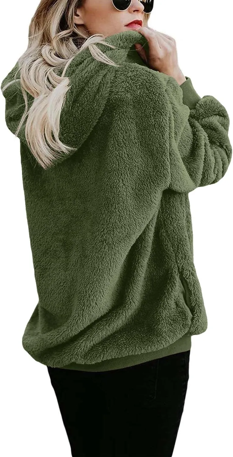 ReachMe Womens Warm Fuzzy Zip Up Hoodie Oversized Sherpa Jacket with Pockets Faux Fur Fleece Winter Coats