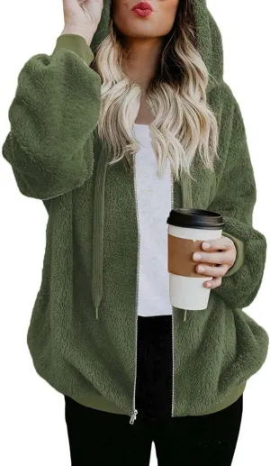ReachMe Womens Warm Fuzzy Zip Up Hoodie Oversized Sherpa Jacket with Pockets Faux Fur Fleece Winter Coats