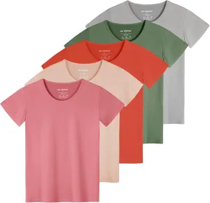 Real Essentials 5 Pack: Women's Dry Fit Tech Stretch Short-Sleeve Crew Neck Athletic T-Shirt (Available in Plus Size)