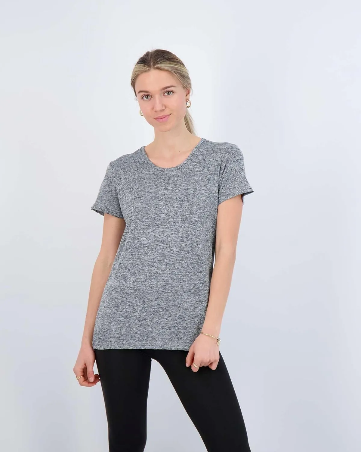 Real Essentials 5 Pack: Women's Dry Fit Tech Stretch Short-Sleeve Crew Neck Athletic T-Shirt (Available in Plus Size)