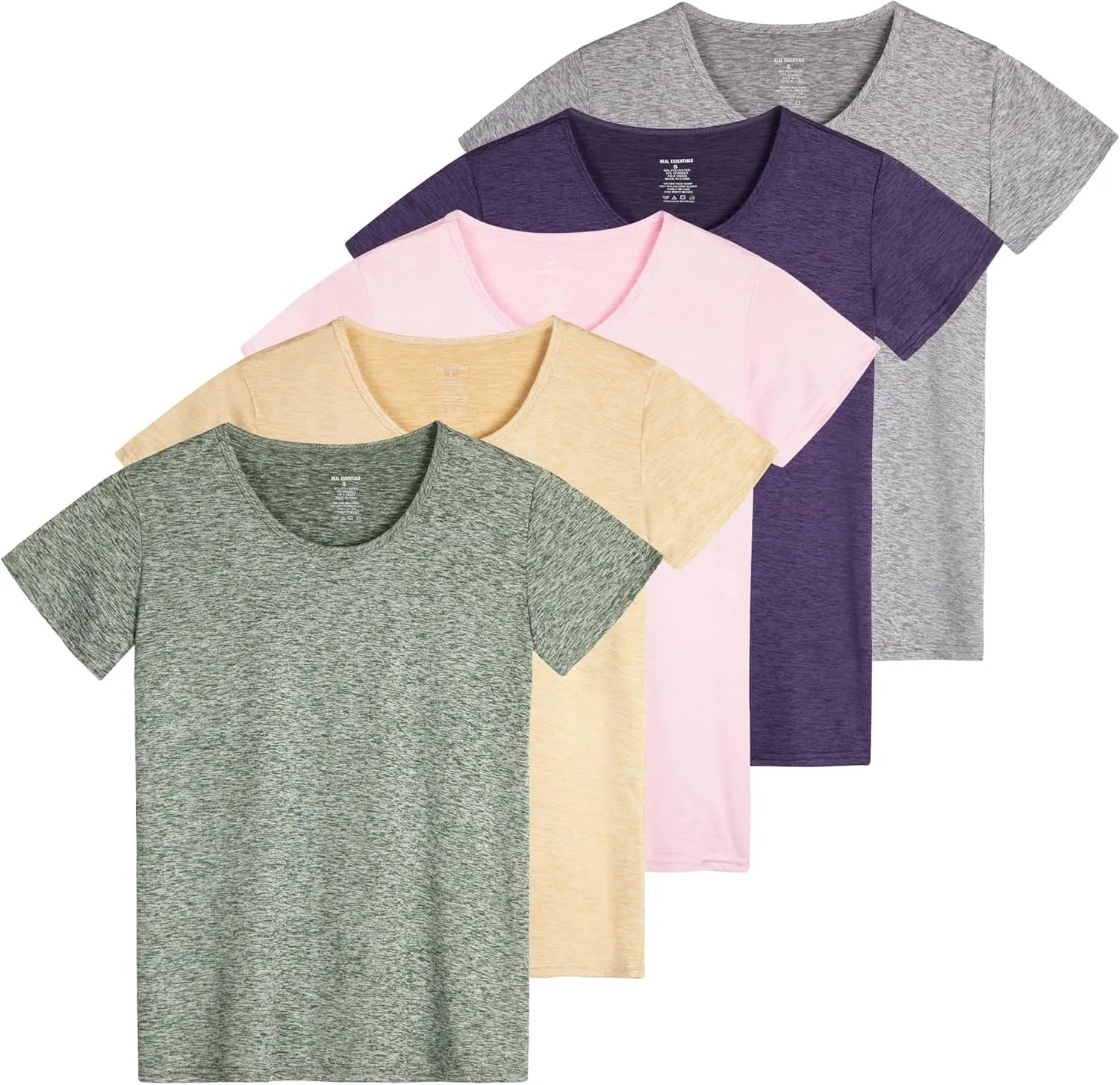 Real Essentials 5 Pack: Women's Dry Fit Tech Stretch Short-Sleeve Crew Neck Athletic T-Shirt (Available in Plus Size)