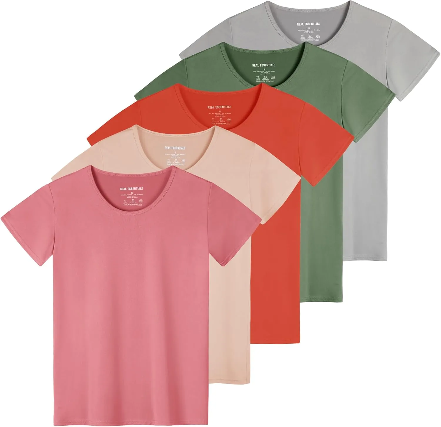Real Essentials 5 Pack: Women's Dry Fit Tech Stretch Short-Sleeve Crew Neck Athletic T-Shirt (Available in Plus Size)