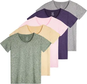 Real Essentials 5 Pack: Women's Dry Fit Tech Stretch Short-Sleeve Crew Neck Athletic T-Shirt (Available in Plus Size)